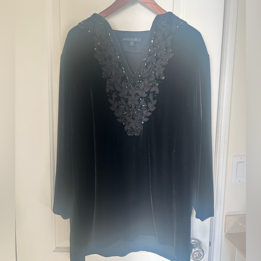 Lafayette Black Beaded Hand Sewn Velvet Tunic